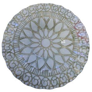 Sydenstricker Geometric  Cream Silver Ruffled Edge Fused Glass Bowl 6.25in Vtg